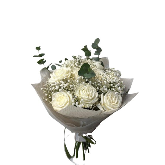 Buchet 9 trandafiri, 4 fire eucalipt,3 fire gipsofila, folie decor